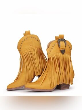 Hawkwell Mustard Fringe Western Ankle Boots